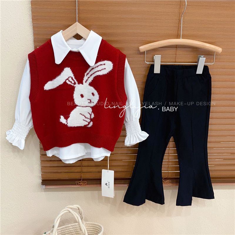 Bộ Áo Dệt Kim Sát Nách + Quần Ống Loe In Họa Tiết Hoạt Hình Thời Trang Mùa Thu 2023 Cho Bé Gái