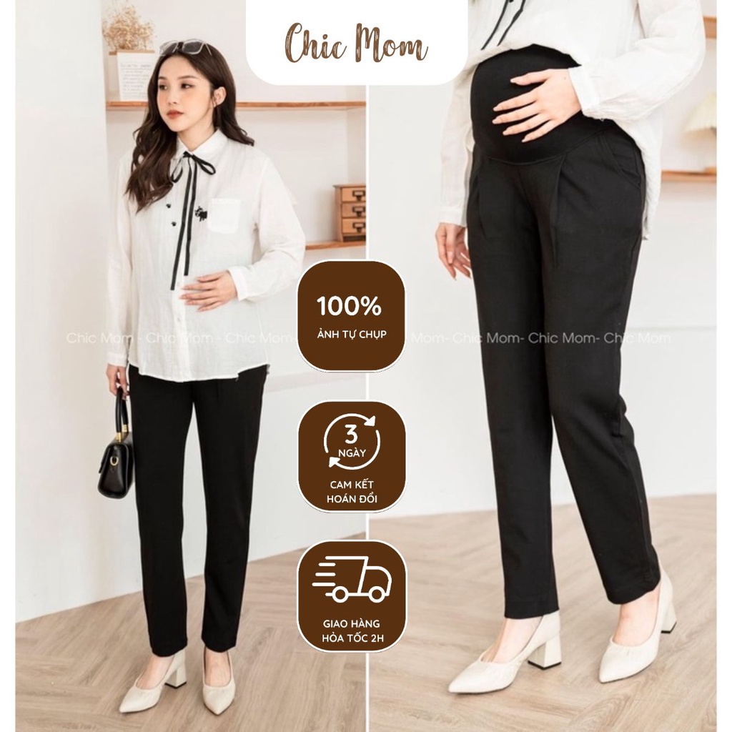 Quần bầu công sở quần bầu umi dáng suông đi làm đáp bụng dây rút co giãn mềm mại thoải mái ĐẦM BẦU CHIC MOM