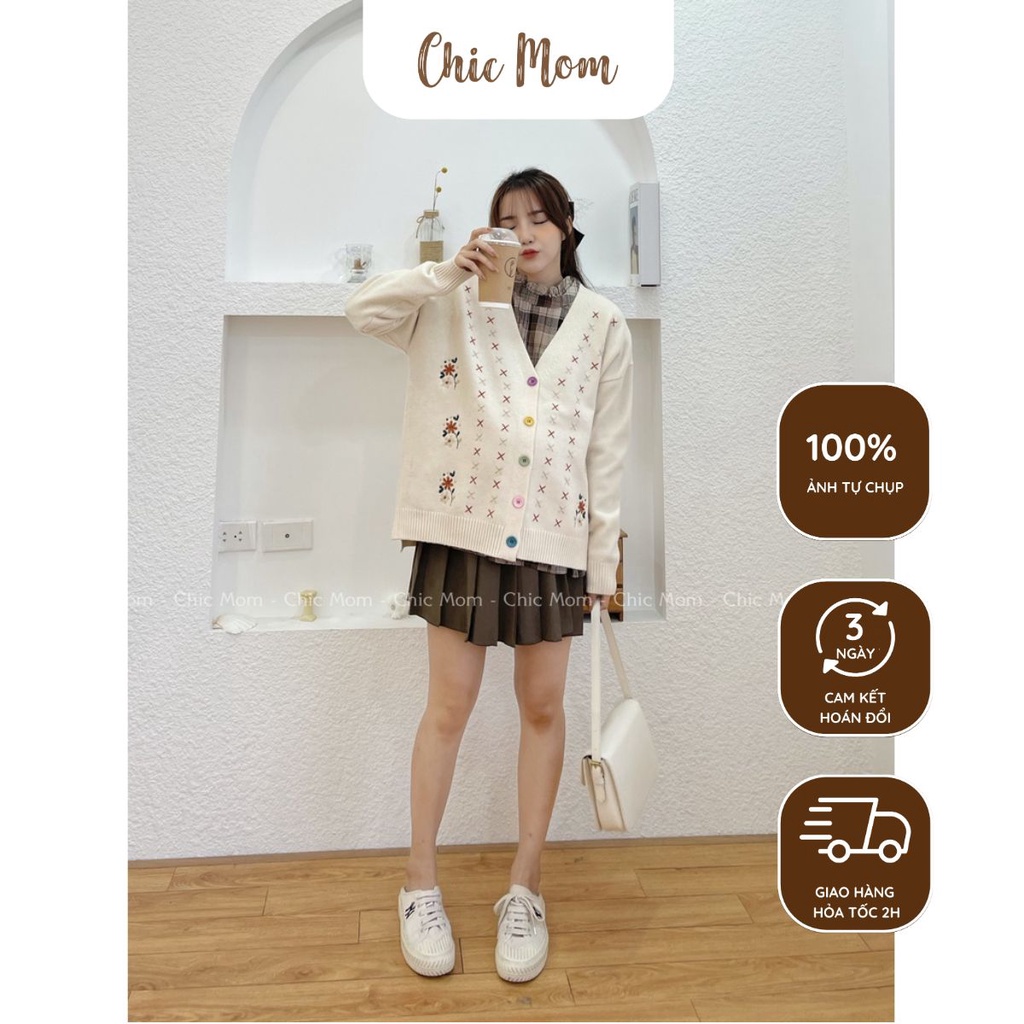 Áo len cardigan bầu freesize đến 75kg Áo cardigan thêu hoa ĐẦM BẦU CHIC MOM