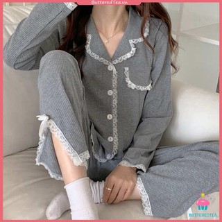 Bộ đồ ngủ mặc nhà vải cotton tay dài thời trang thu đông cho nữ