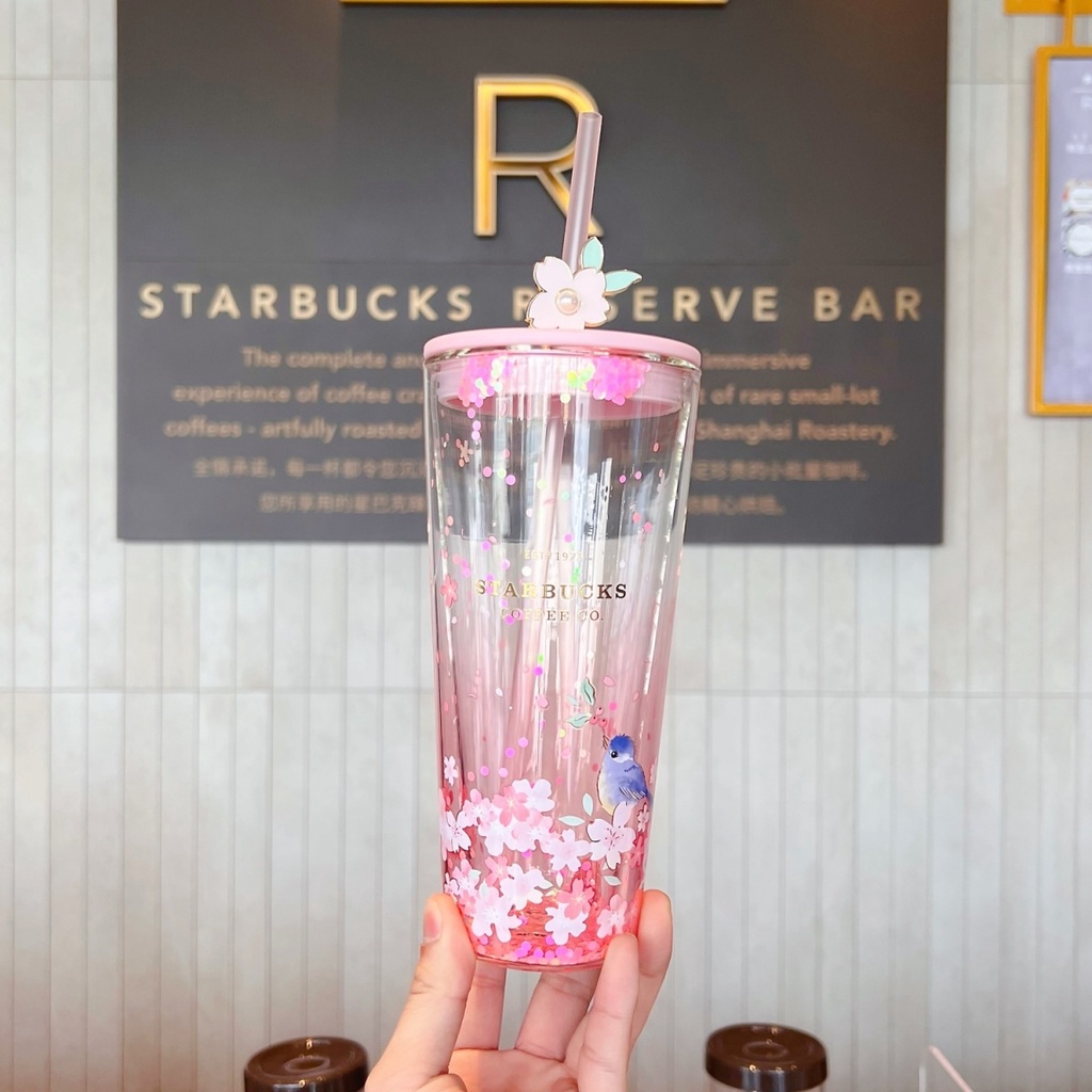 Cốc Thủy Tinh Uống Cà Phê starbucks Hai Lớp Sức Chứa Lớn Họa Tiết Hoa Anh Đào Dễ Thương