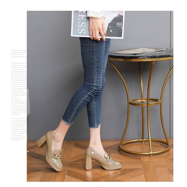 Giày Cao Gót Mũi Vuông Đế Dày Phối Khóa Kim Loại Thời Trang Mùa Thu 2023 Mới Cho Nữ