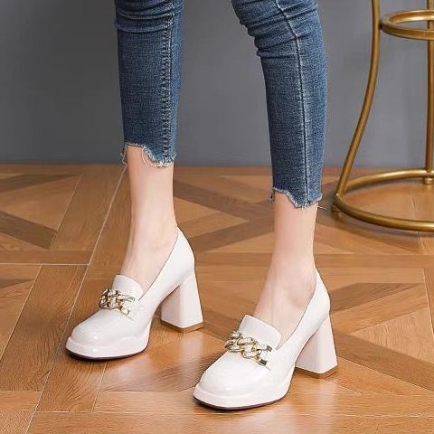 Giày Cao Gót Mũi Vuông Đế Dày Phối Khóa Kim Loại Thời Trang Mùa Thu 2023 Mới Cho Nữ