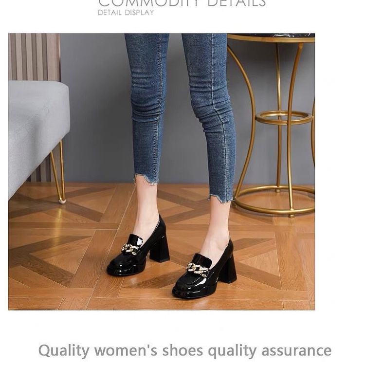 Giày Cao Gót Mũi Vuông Đế Dày Phối Khóa Kim Loại Thời Trang Mùa Thu 2023 Mới Cho Nữ