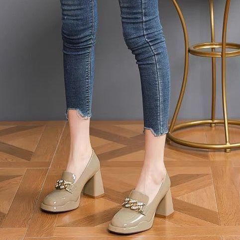 Giày Cao Gót Mũi Vuông Đế Dày Phối Khóa Kim Loại Thời Trang Mùa Thu 2023 Mới Cho Nữ