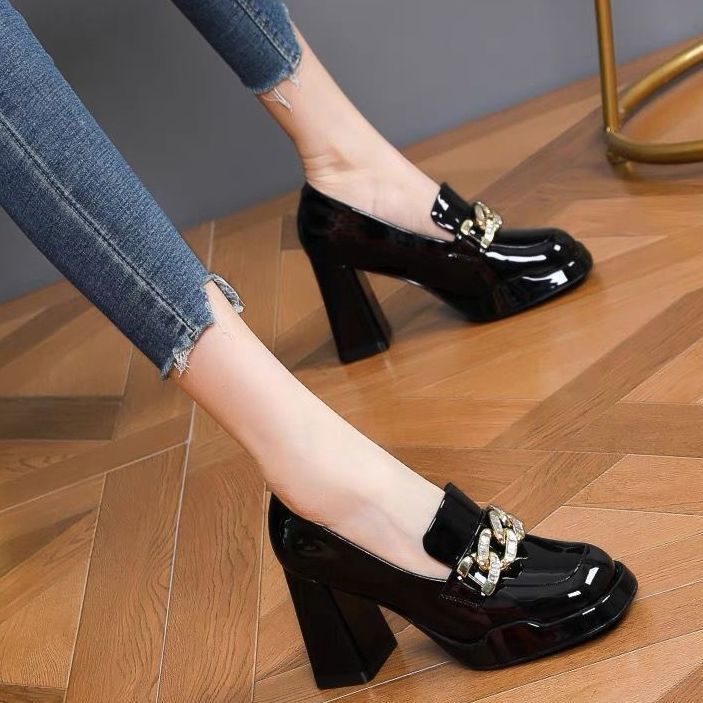 Giày Cao Gót Mũi Vuông Đế Dày Phối Khóa Kim Loại Thời Trang Mùa Thu 2023 Mới Cho Nữ