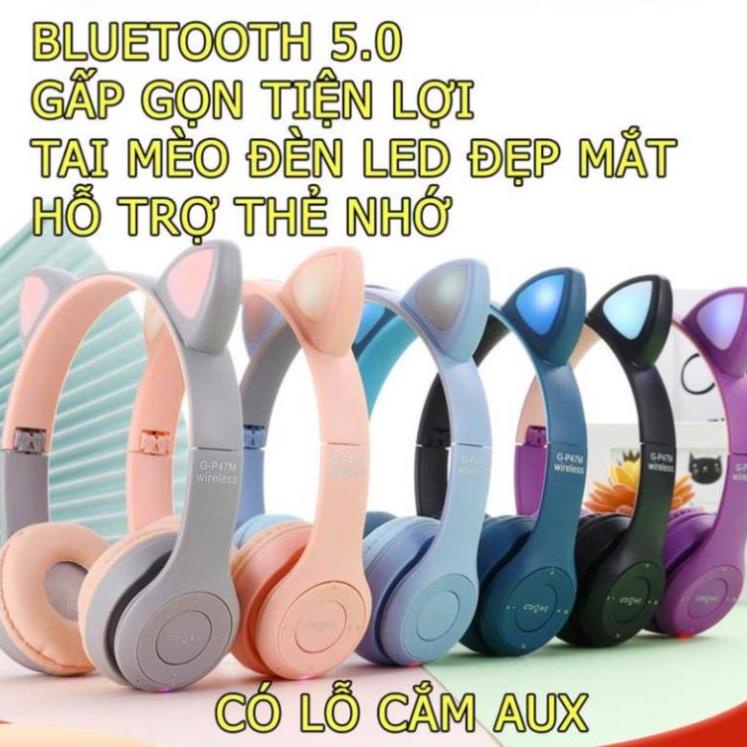 Tai Nghe Mèo Bluetooth P47M, Tai Mèo Dễ Thương Có Mic, Âm Bass Mạnh Mẽ Dung Lượng Pin Khủng 400mAh Bảo Hành 6 Tháng