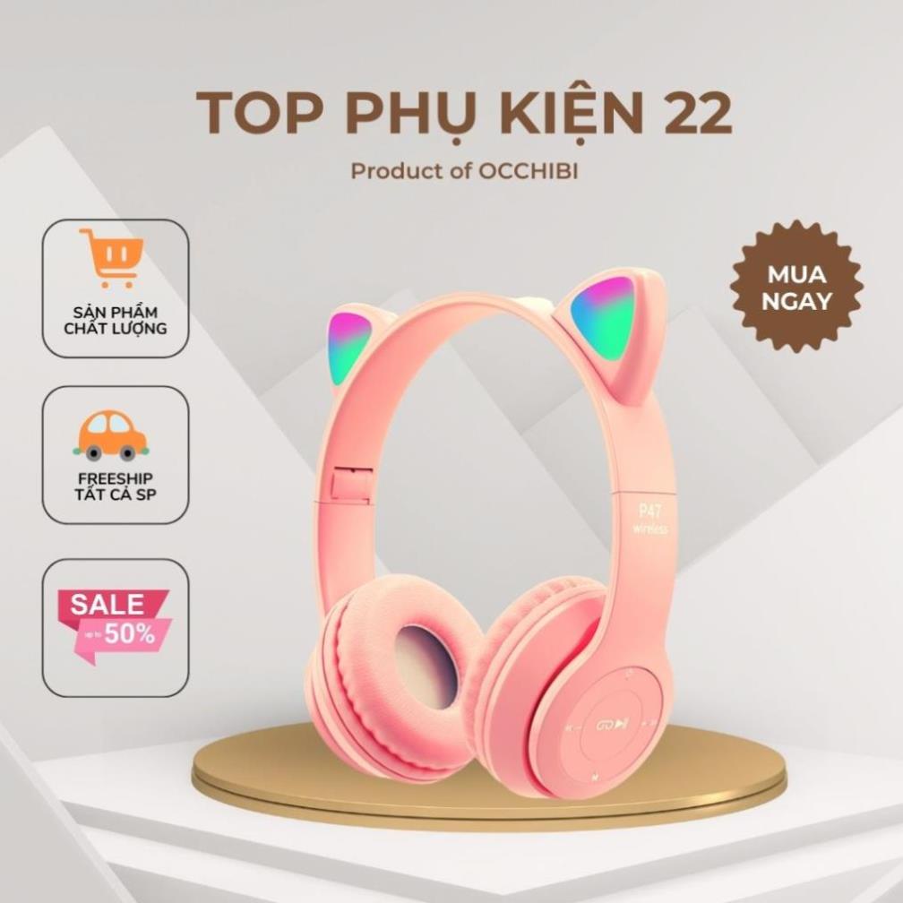 Tai Nghe Mèo Bluetooth P47M, Tai Mèo Dễ Thương Có Mic, Âm Bass Mạnh Mẽ Dung Lượng Pin Khủng 400mAh Bảo Hành 6 Tháng