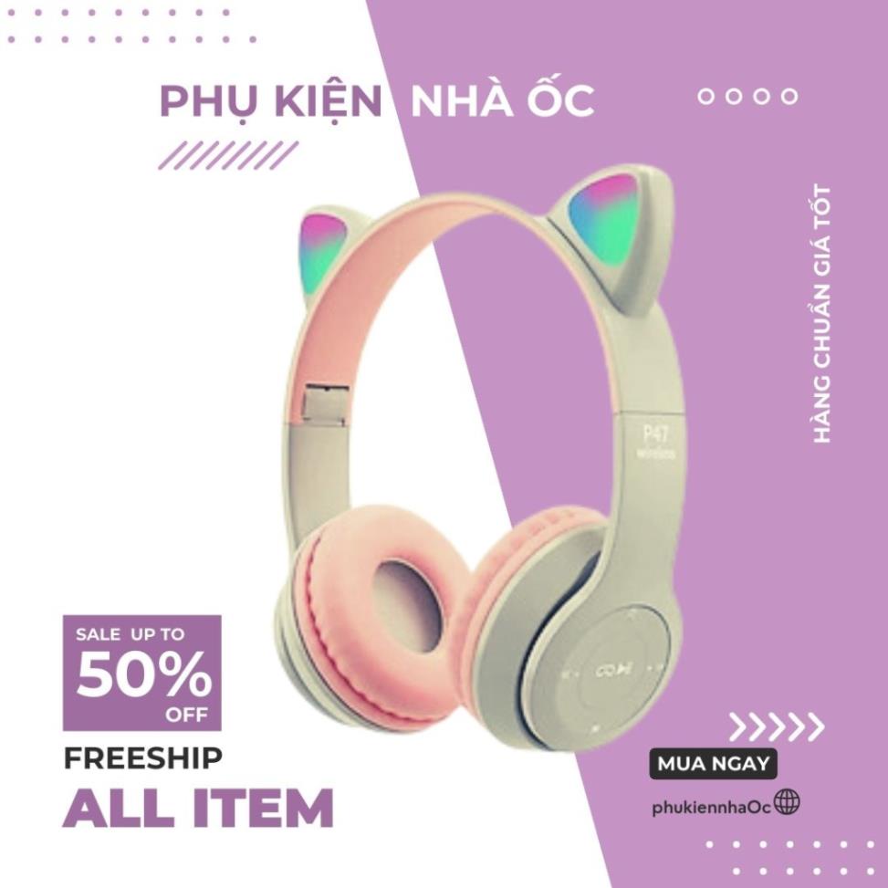 Tai Nghe Mèo Bluetooth P47M, Tai Mèo Dễ Thương Có Mic, Âm Bass Mạnh Mẽ Dung Lượng Pin Khủng 400mAh Bảo Hành 6 Tháng