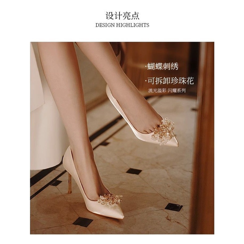Giày Cao Gót Vải satin size Lớn Thời Trang Pháp Sang Trọng Dành Cho Cô Dâu