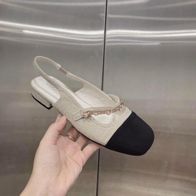 XẢ KHO SIÊU RẺ giày bệt nữ dây xích ngọc bít mũi hở gót 2cm hàng vnxk