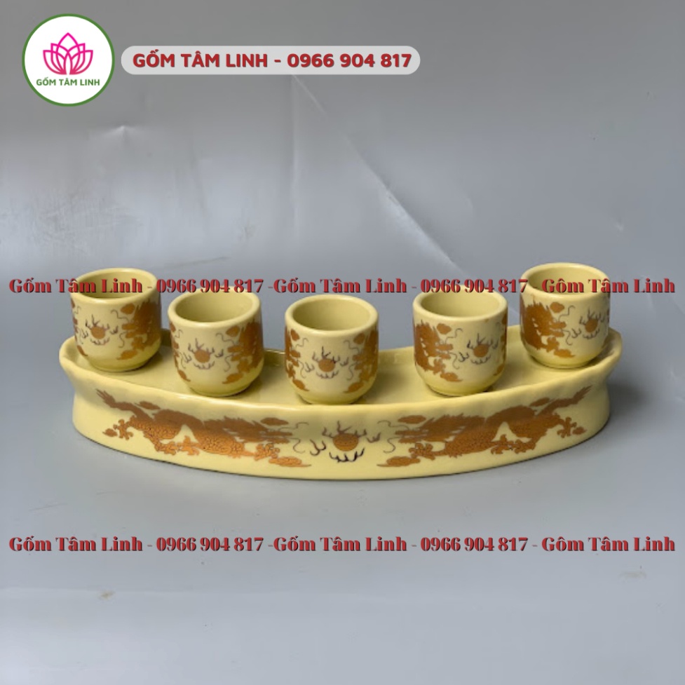 Bộ kỷ thờ cúng 5 chén, 3 chén đựng nước men vàng kim Bát Tràng cao cấp