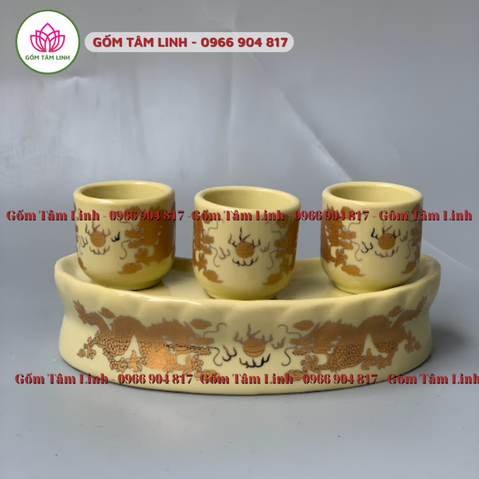 Bộ kỷ thờ cúng 5 chén, 3 chén đựng nước men vàng kim Bát Tràng cao cấp