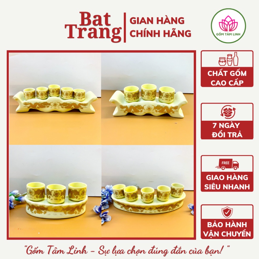 Bộ kỷ thờ cúng 5 chén, 3 chén đựng nước men vàng kim Bát Tràng cao cấp