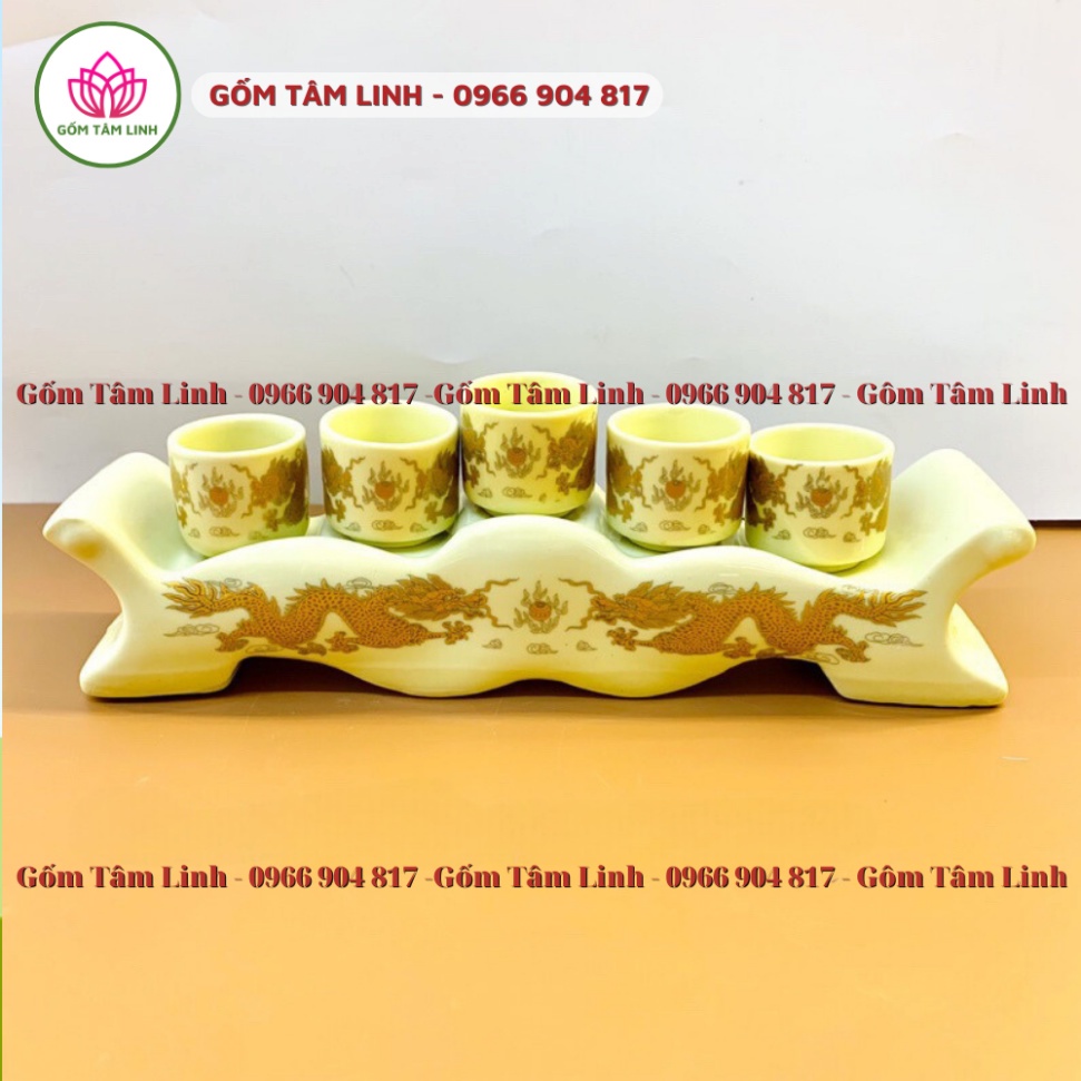 Bộ kỷ thờ cúng 5 chén, 3 chén đựng nước men vàng kim Bát Tràng cao cấp