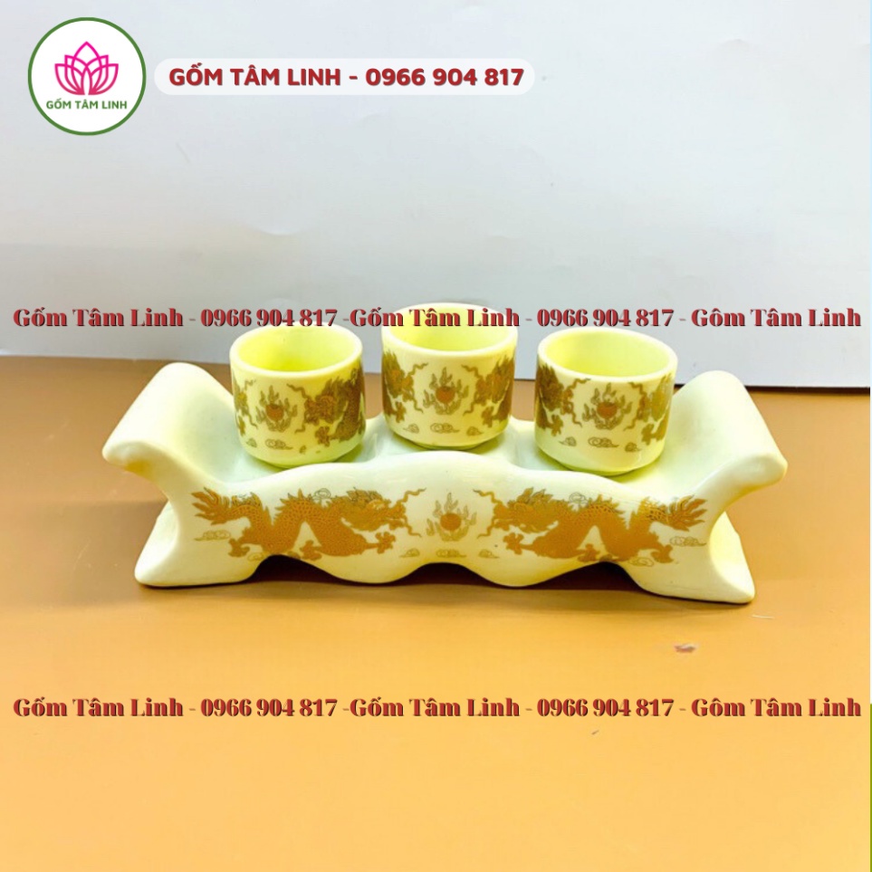 Bộ kỷ thờ cúng 5 chén, 3 chén đựng nước men vàng kim Bát Tràng cao cấp