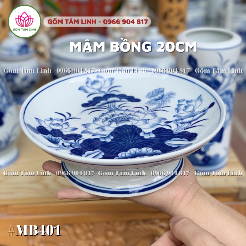 Mâm bồng ngũ quả thờ cúng, đĩa đựng hoa quả thờ men xanh trắng Bát Tràng cao cấp