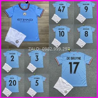 Bộ Quần Áo Bóng Đá CLB MAN CITY XANH 22/23 - Hàng Thun Thái in Sẵn Số và Tên Cầu Thủ- Logo Thêu