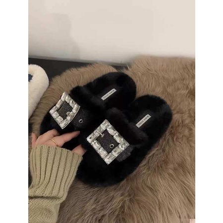 Dép Quai Ngang Phối Lông Xù Đính Đá Thời Trang Thu Đông 2023 Dành Cho Nữ