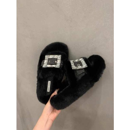 Dép Quai Ngang Phối Lông Xù Đính Đá Thời Trang Thu Đông 2023 Dành Cho Nữ