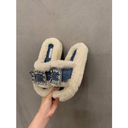 Dép Quai Ngang Phối Lông Xù Đính Đá Thời Trang Thu Đông 2023 Dành Cho Nữ