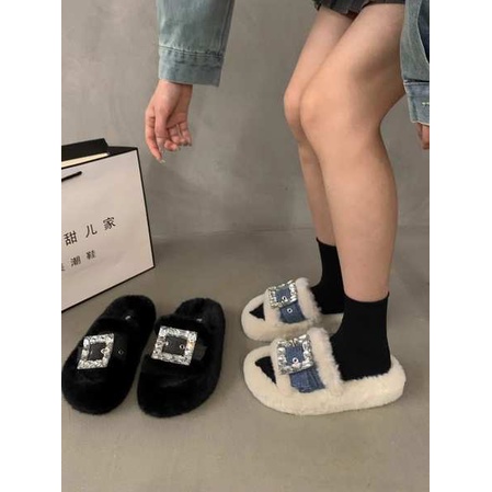 Dép Quai Ngang Phối Lông Xù Đính Đá Thời Trang Thu Đông 2023 Dành Cho Nữ