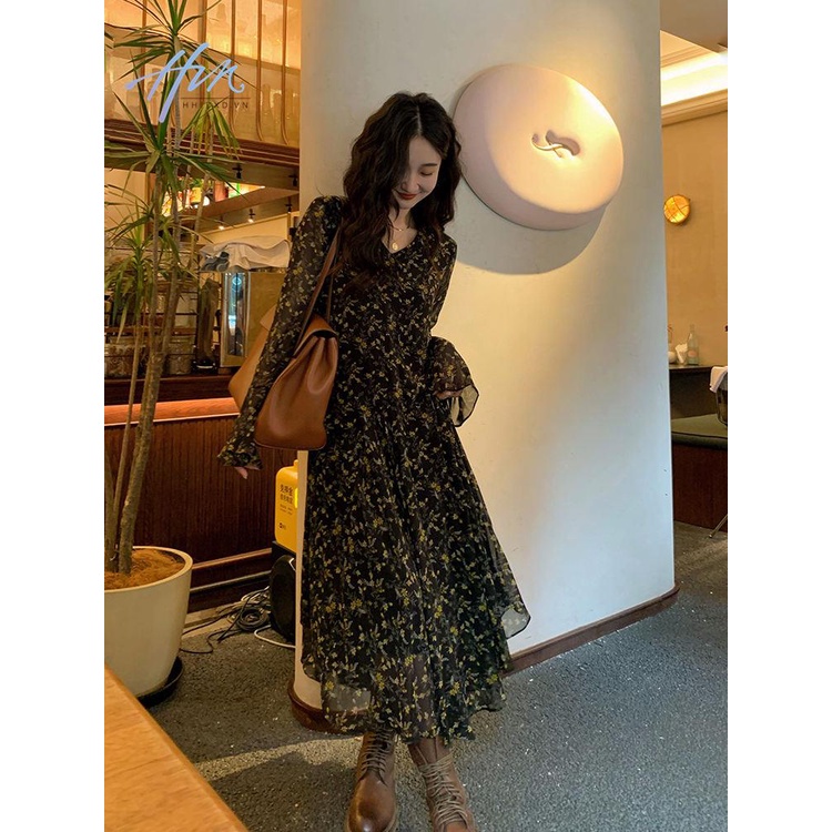 Đầm Dài Tay Dài Cổ Chữ v In Họa Tiết Hoa Phong Cách retro Pháp Thời Trang Mùa Xuân 2023 Mới
