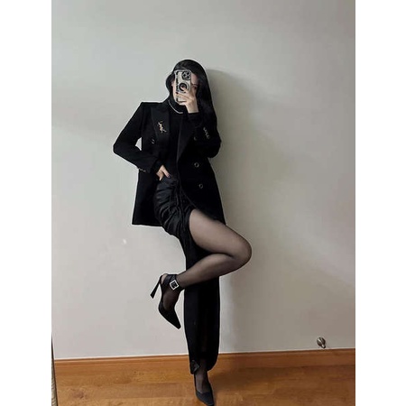 Giày Cao Gót Bít Mũi Cao Gót Bằng satin Màu Đen Thời Trang Mùa Xuân 2023