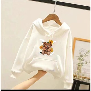 Áo hoodie gấu hoa cho bé gái phom rộng chất nỉ size từ 9 đến 65kg