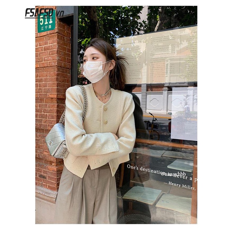 Honypove Áo Khoác Dệt Kim Ngắn Màu Trắng Phong Cách Mới Mùa Thu Năm 2023