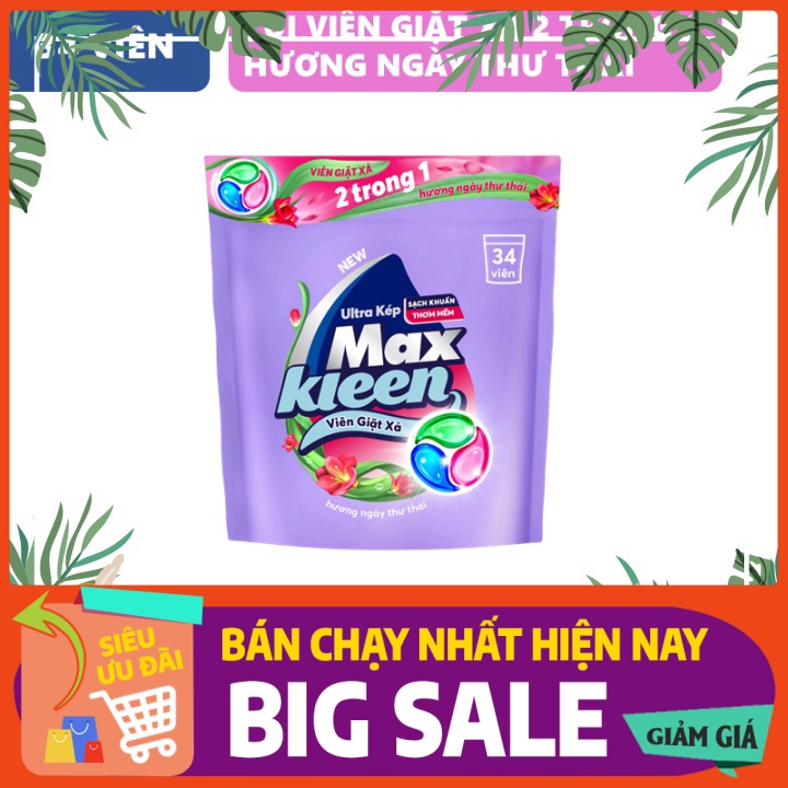 RẺ NHẤT Túi Viên Giặt Xả MaxKleen 2 Trong 1 hương ngày thư thái (34 Viên/Túi) chiết chính hãng