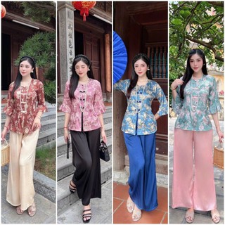 Bộ đi chùa nữ -set bộ lam lụa gấm xước áo bà ba tay lỡ thêu hoa sang trọng