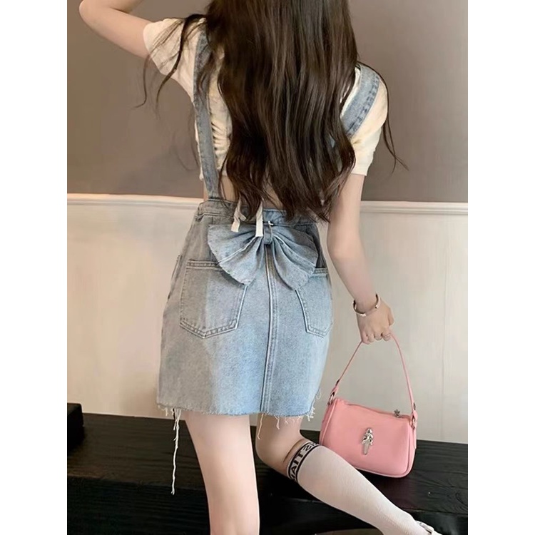 Jiashucheng Đầm denim Ngắn Ôm Eo Phối Dây Thắt Nơ Sau Lưng Mùa Hè Kiểu Mới Cho Nữ