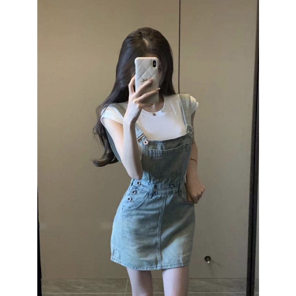 Jiashucheng Váy Yếm denim Mùa Hè 2023 Phong Cách Hàn Quốc Mới Cho Nữ