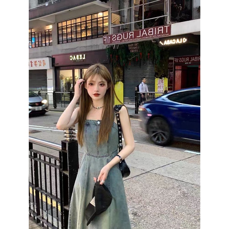 Jiashucheng Đầm Yếm denim Chữ a Thời Trang Hè Xinh Xắn Cho Nữ