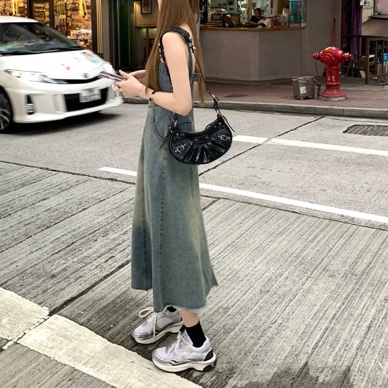 Jiashucheng Đầm Yếm denim Chữ a Thời Trang Hè Xinh Xắn Cho Nữ