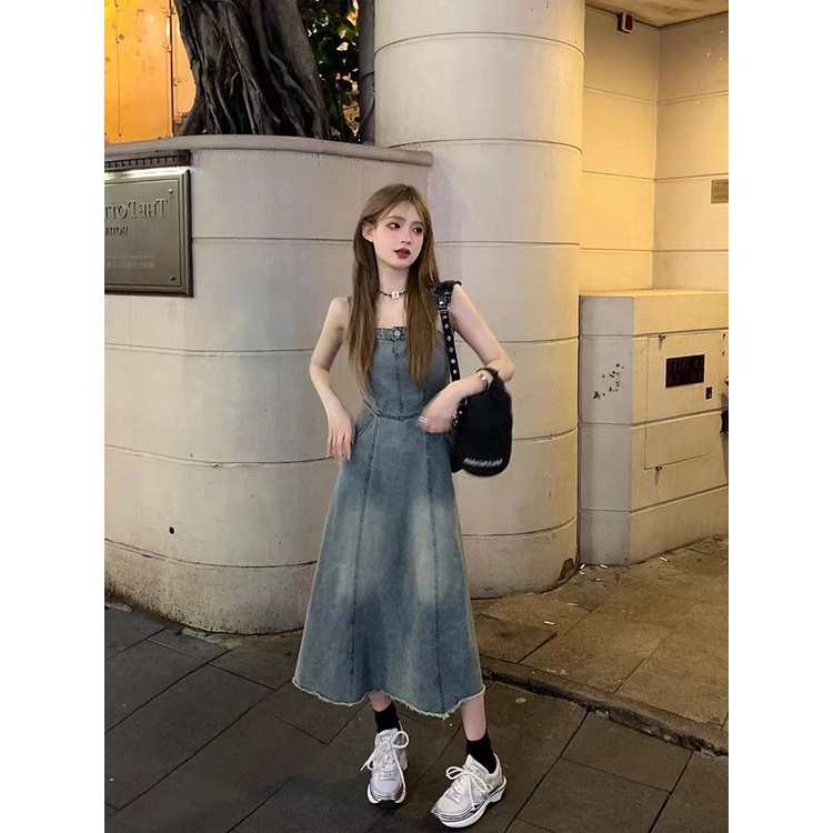 Jiashucheng Đầm Yếm denim Chữ a Thời Trang Hè Xinh Xắn Cho Nữ