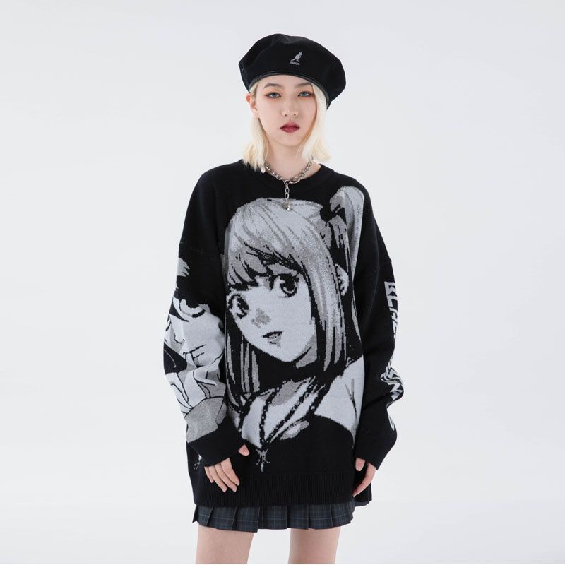 Jiashucheng Áo sweater Cổ Tròn Dáng Rộng In Hình anime Màu Tối Thời Trang Mùa Thu Cho Nam Và Nữ