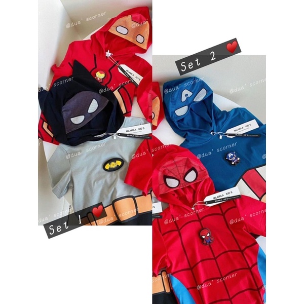 Set 2 Áo Thun Ngắn Tay Có Mũ Trùm Đầu Biến Hình Họa Tiết Siêu Nhân Marvel Cho Bé - Quà Tặng Sinh Nhật Halloween Cho Bé