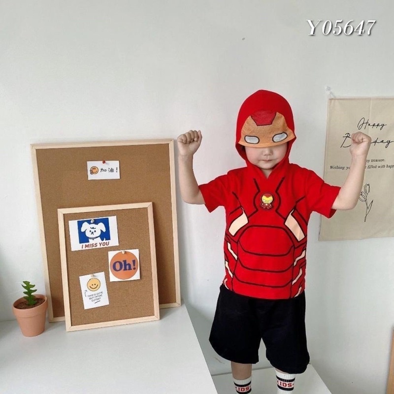 Set 2 Áo Thun Ngắn Tay Có Mũ Trùm Đầu Biến Hình Họa Tiết Siêu Nhân Marvel Cho Bé - Quà Tặng Sinh Nhật Halloween Cho Bé