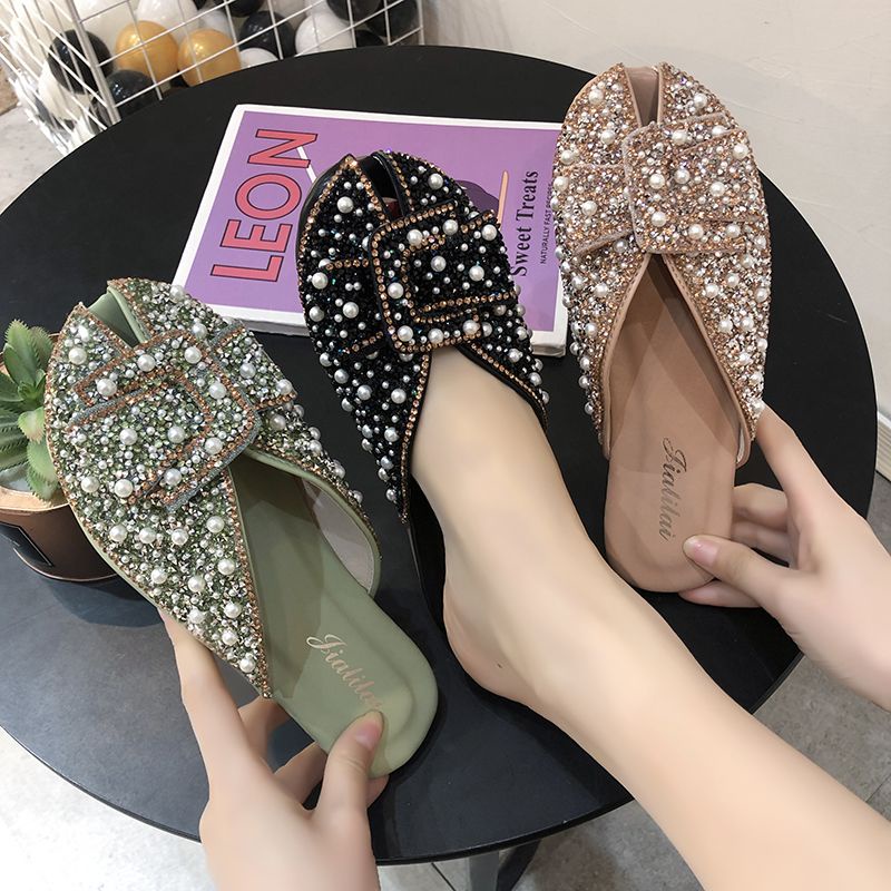 Dép Bít Mũi Đế Dày Đính Đá Và Ngọc Trai Thời Trang Cho Nữ