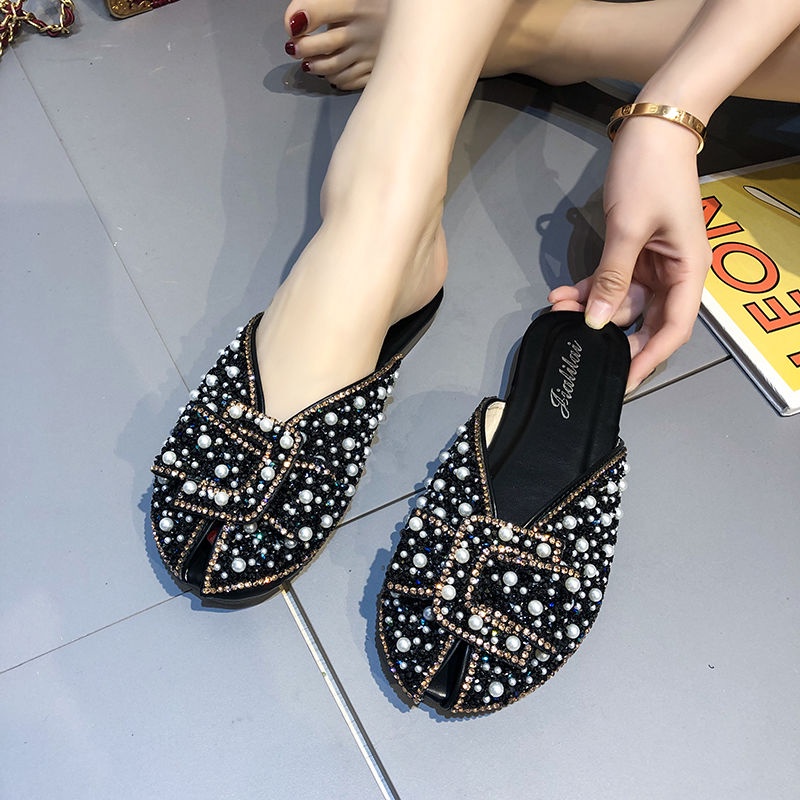 Dép Bít Mũi Đế Dày Đính Đá Và Ngọc Trai Thời Trang Cho Nữ