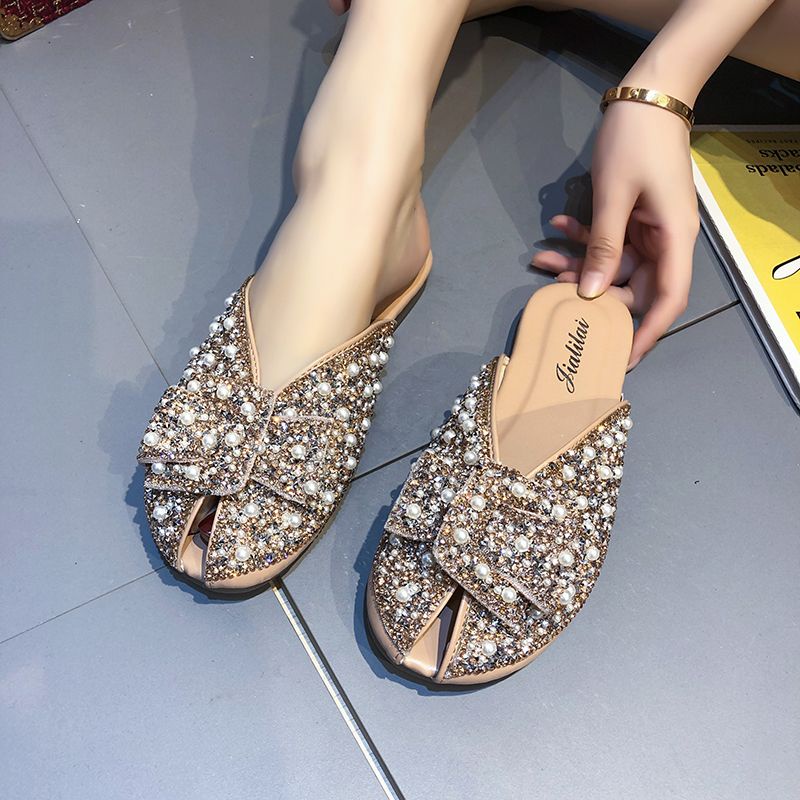 Dép Bít Mũi Đế Dày Đính Đá Và Ngọc Trai Thời Trang Cho Nữ