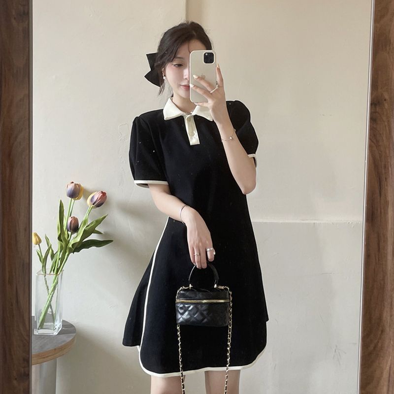 Đầm cổ polo tay phồng dáng rộng màu trơn phong cách Hàn Quốc thời trang mùa hè cho nữ