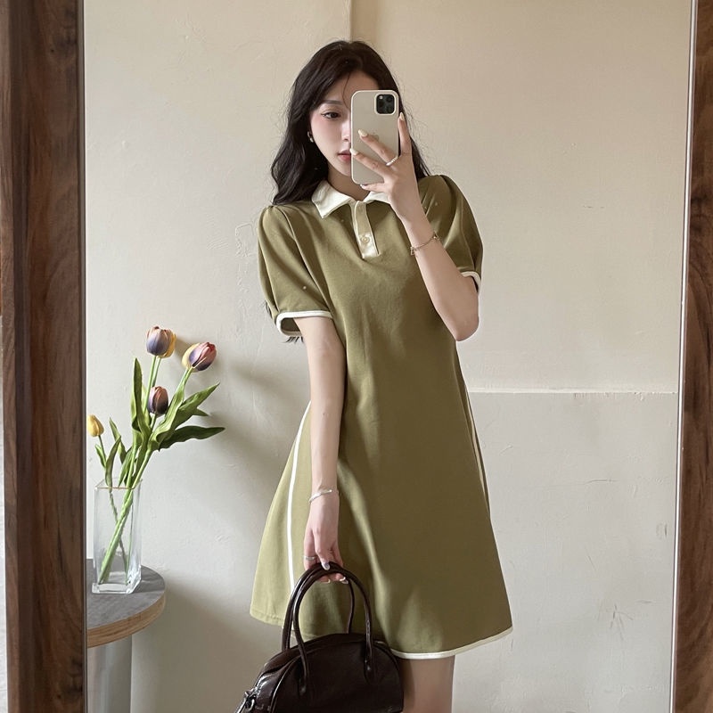 Đầm cổ polo tay phồng dáng rộng màu trơn phong cách Hàn Quốc thời trang mùa hè cho nữ