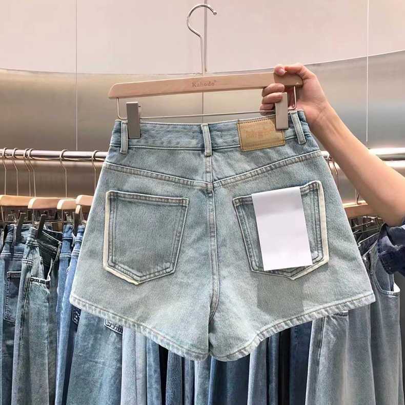 Jiashucheng Quần Short Jean Nữ Lưng Cao Ống Rộng Màu Sáng Phong Cách Mới