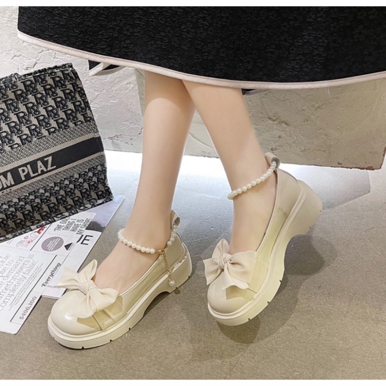 Giày lolita nữ quai ngọc mũi nơ, giày búp bê nữ phong cách hàn quốc