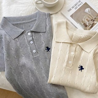 Áo polo len thừng cộc tay thêu baby form ôm