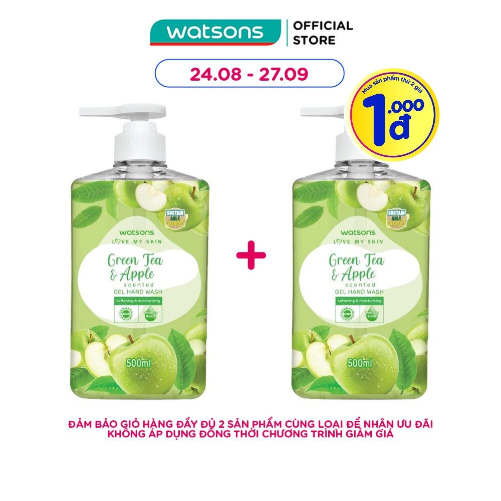 Gel Rửa Tay Watsons Love My Skin Green Tea Apple Scented Gel Hand Wash 500ml