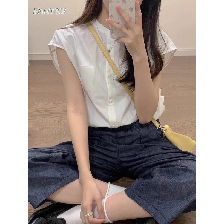 Áo Sơ Mi Trắng Cổ Đứng Tay Ngắn Phong Cách Pháp Thời Trang Mùa Hè Xinh Xắn Cho Nữ